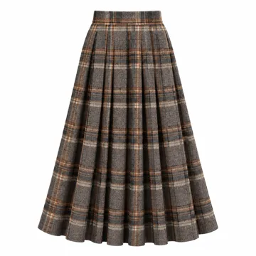 AI-generated illustration inspired by IDEALSANXUN women’s plaid wool-blend pleated long skirt; not an actual product photo