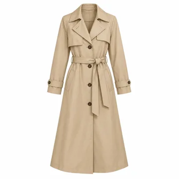 AI-generated illustration inspired by London Fog women's single-breasted long trench coat; not an actual product photo