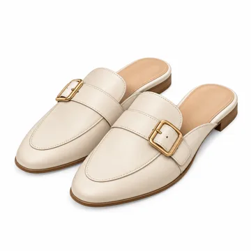 AI-generated illustration inspired by Arqa women’s buckle backless loafer mules; not an actual product photo