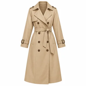 AI-generated illustration inspired by CREATMO women’s double-breasted belted trench coat; not an actual product photo