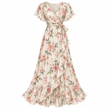 AI-generated illustration inspired by PRETTYGARDEN women’s floral wrap maxi dress; not an actual product photo