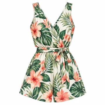 AI-generated illustration inspired by SheIn tropical sleeveless belted shorts romper; not an actual product photo