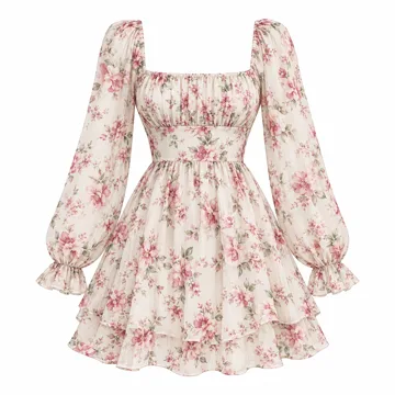 AI-generated illustration inspired by SheIn floral square-neck long-sleeve mini dress; not an actual product photo
