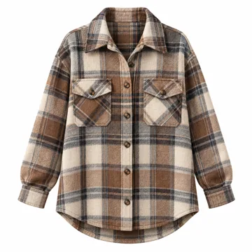 AI-generated illustration inspired by Trendy Queen women’s plaid flannel shacket; not an actual product photo