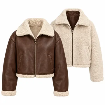 AI-generated illustration inspired by Levi's Women's Shorty Reversible Sherpa Faux Leather Jacket; not an actual product photo