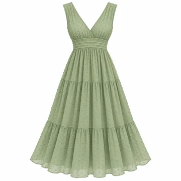 AI-generated illustration inspired by PRETTYGARDEN Swiss-dot sleeveless V-neck midi dress; not an actual product photo