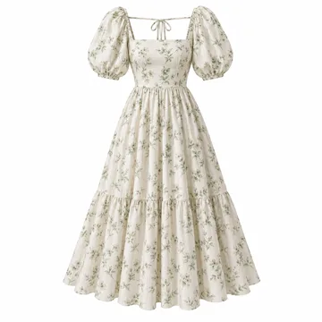 AI-generated illustration inspired by ZZV tie-back puff-sleeve midi dress; not an actual product photo
