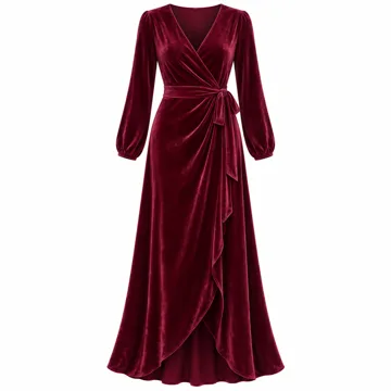 AI-generated illustration inspired by BerryGo women’s velvet V-neck wrap maxi dress; not an actual product photo
