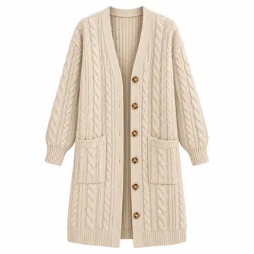 AI-generated illustration inspired by PRETTYGARDEN women’s cable-knit long button cardigan; not an actual product photo