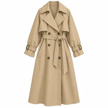 AI-generated illustration inspired by Farktop women’s oversized double-breasted trench coat; not an actual product photo