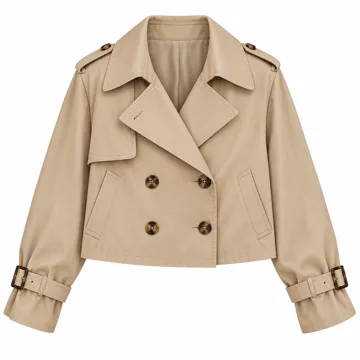 AI-generated illustration inspired by Saodimallsu women’s cropped double-breasted trench jacket; not an actual product photo