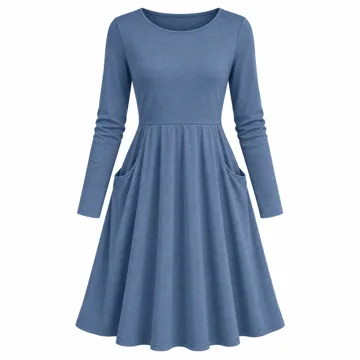 AI-generated illustration inspired by Simier Fariry women’s long-sleeve knee-length dress with pockets; not an actual product photo