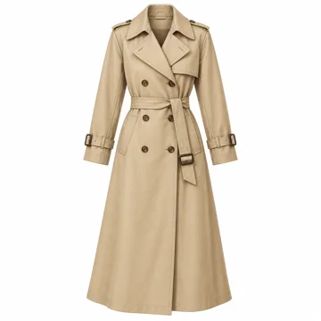 AI-generated illustration inspired by Women’s long belted double-breasted trench coat; not an actual product photo