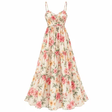 AI-generated illustration inspired by PRETTYGARDEN floral spaghetti-strap maxi dress; not an actual product photo