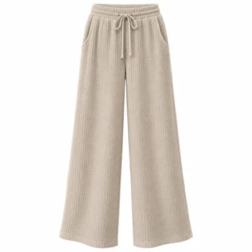 AI-generated illustration inspired by EVALESS women’s waffle-knit wide-leg trousers; not an actual product photo