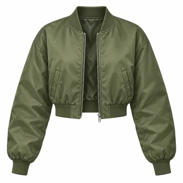 AI-generated illustration inspired by Tankaneo women's cropped bomber jacket; not an actual product photo