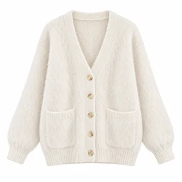 AI-generated illustration inspired by Yimoon women’s fuzzy V-neck cardigan; not an actual product photo