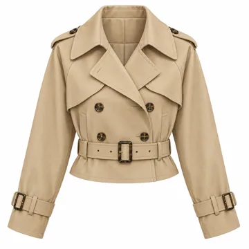 AI-generated illustration inspired by Tankaneo women’s belted cropped double-breasted trench jacket; not an actual product photo