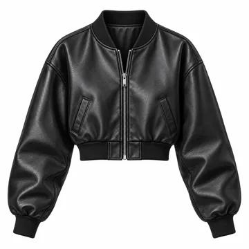 AI-generated illustration inspired by Cicy Bell women’s cropped faux-leather bomber jacket; not an actual product photo