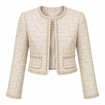 AI-generated illustration inspired by Cicy Bell women's collarless cropped tweed blazer; not an actual product photo