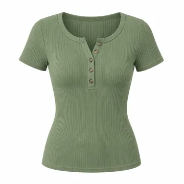 AI-generated illustration inspired by PRETTYGARDEN ribbed short-sleeve Henley top; not an actual product photo