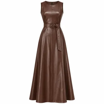 AI-generated illustration inspired by CHARTOU women’s belted sleeveless faux-leather long dress; not an actual product photo