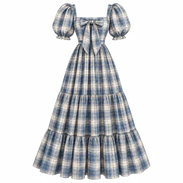 AI-generated illustration inspired by ABYOVRT women’s plaid bow-tie puff-sleeve maxi dress; not an actual product photo