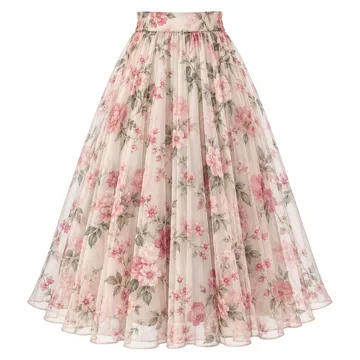 AI-generated illustration inspired by Avanova women’s high-waisted floral mesh midi skirt; not an actual product photo