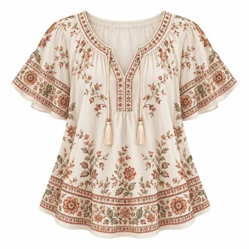 AI-generated illustration inspired by Falechay short-sleeve boho top; not an actual product photo