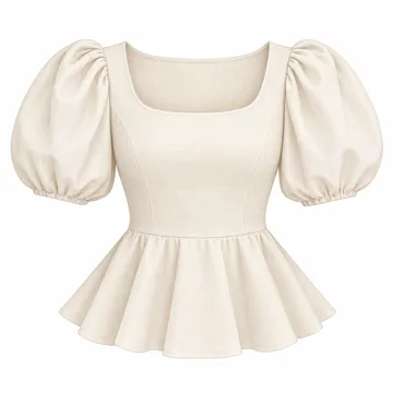 AI-generated illustration inspired by MASCOMODA women’s puff-sleeve peplum top; not an actual product photo