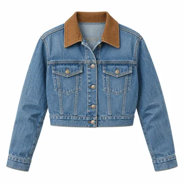 AI-generated illustration inspired by Amazon Essentials women's cropped denim jacket with corduroy collar; not an actual product photo