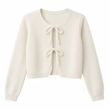 AI-generated illustration inspired by Amazon Essentials women’s tie-front bow cardigan; not an actual product photo