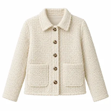 AI-generated illustration inspired by Amazon Essentials women’s boucle button-down jacket; not an actual product photo