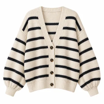 AI-generated illustration inspired by Women’s loose-fit striped balloon-sleeve cardigan; not an actual product photo