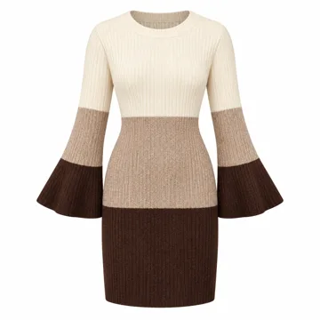 AI-generated illustration inspired by MEROKEETY women's color-block bell-sleeve sweater dress; not an actual product photo