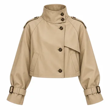 AI-generated illustration inspired by Megfie women’s vintage funnel-neck cropped trench jacket; not an actual product photo