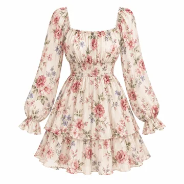 AI-generated illustration inspired by BTFBM women’s floral long-sleeve mini dress; not an actual product photo