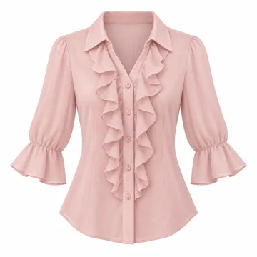 AI-generated illustration inspired by LOMON women’s ruffle three-quarter-sleeve button-down blouse; not an actual product photo