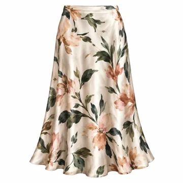 AI-generated illustration inspired by BTFBM women's printed satin midi skirt; not an actual product photo