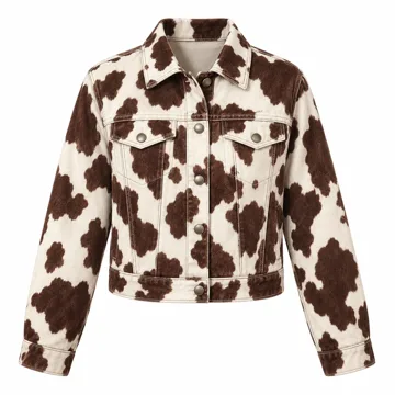 AI-generated illustration inspired by Bailey Rose women’s cow-print jacket; not an actual product photo
