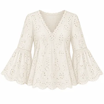 AI-generated illustration inspired by WIHOLL women’s eyelet-lace V-neck bell-sleeve blouse; not an actual product photo