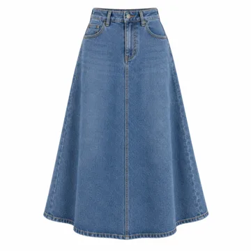 AI-generated illustration inspired by MISS MOLY women’s high-waist A-line denim midi skirt; not an actual product photo