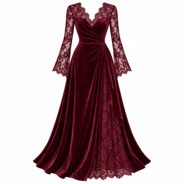 AI-generated illustration inspired by MEROKEETY women’s velvet-lace cocktail maxi dress; not an actual product photo