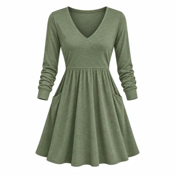 AI-generated illustration inspired by KOKOLOOP women’s long-sleeve V-neck short dress with pockets; not an actual product photo