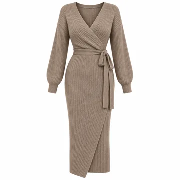 AI-generated illustration inspired by WIH0LL women's long-sleeve wrap sweater dress; not an actual product photo